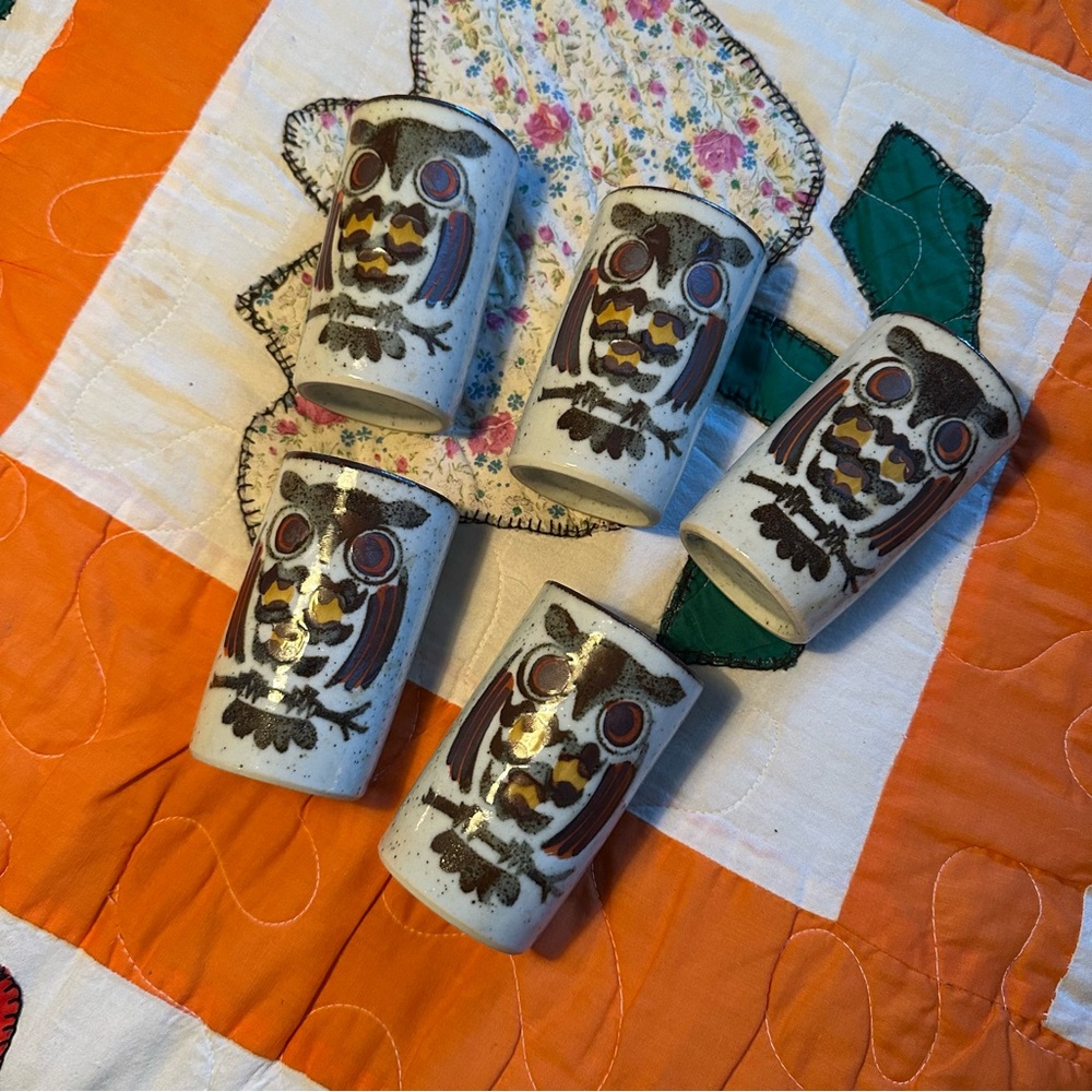 Vintage 60s 70s Set 5 of Owl Ceramic Cups